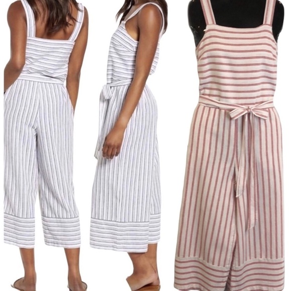 Linen Blend Striped Cropped Jumpsuit Small - Picture 1 of 13